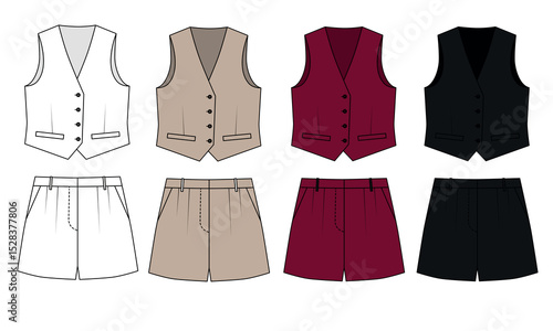 Collection of basic vest and shorts, white, beige, red, black colors. Template of summer vest and shorts with pockets, vector. Model of fashionable women's vest and short shorts.