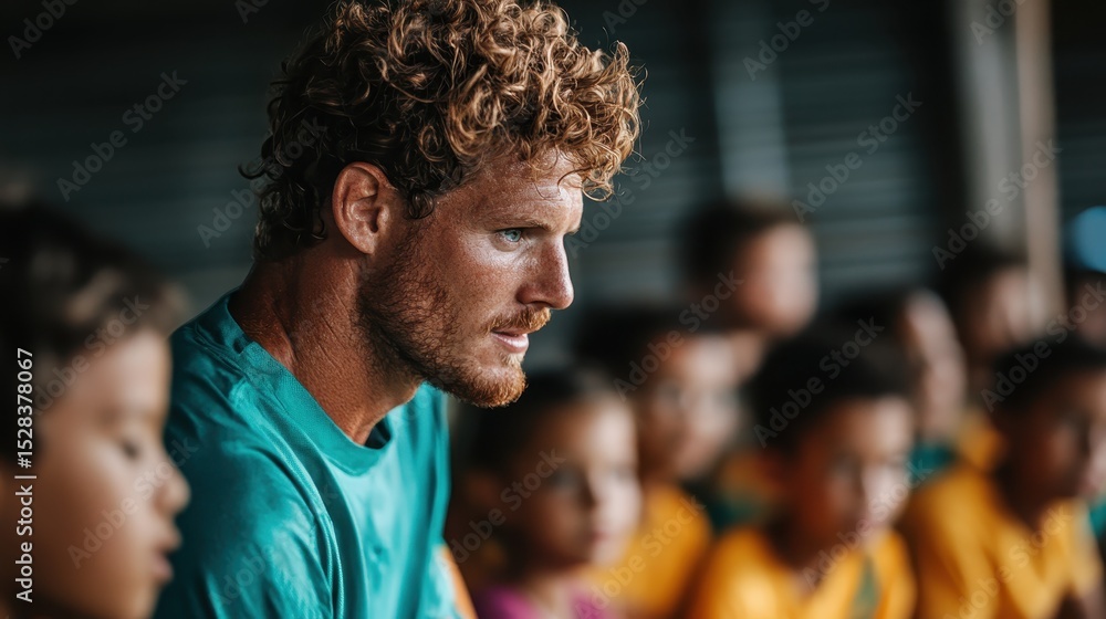 Fototapeta premium A profile view of a thoughtful man engaged in listening amid a collective of children, highlighting the respect and passion for sharing knowledge and inspiration.