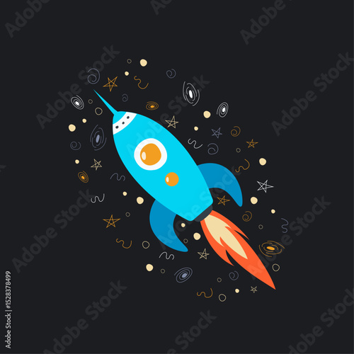 Cute hand drawn space craft with doodle elements. Vector scribbles of outer space astronomy elements. Rocket in flat cartoon stylisation 