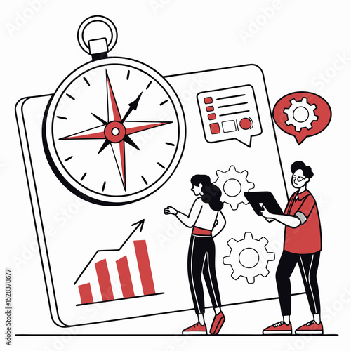 Icon of a team alignment dashboard with compass, OKR metrics, and chat