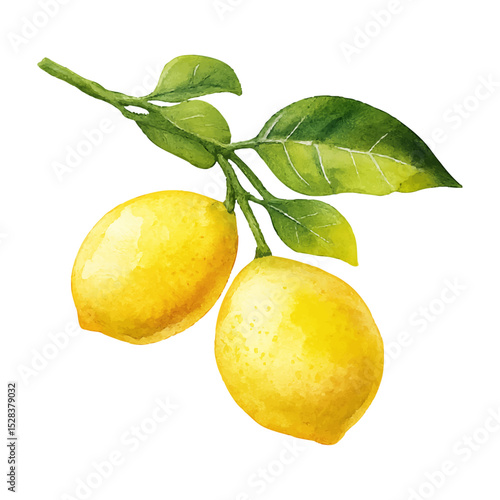 Lemons with Leaves Isolated on White Background- Watercolour Art