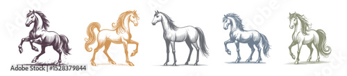 A set of five stylized cartoon horses, each in a different color, transparent background, vector