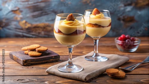 italian zabaione dessert served in a wine glass with whipped cream and berries.