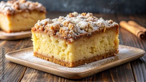 Moist crumb cake topped with buttery streusel crumble, cinnamon sugar, and served on rustic plate.