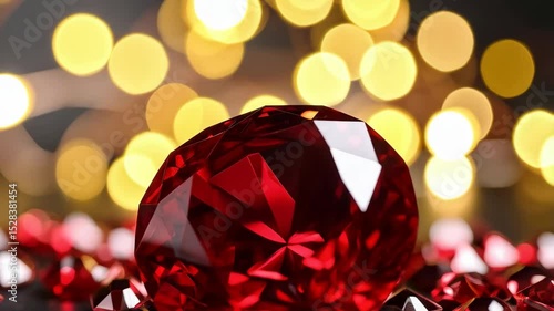 Close-up of faceted red ruby gemstones with glowing golden light bokeh in background, jewelry wealth gem concept