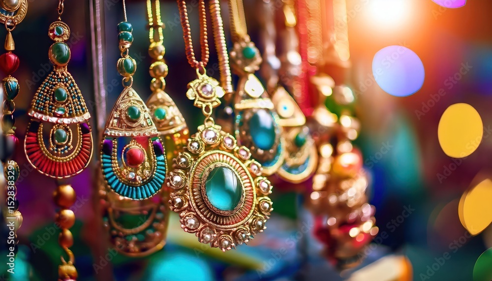 Naklejka premium Vibrant Background Highlighting Indian Jewelry A Colorful Traditional Display