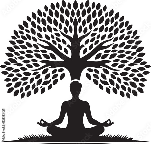 A serene person meditating under a lush tree, embodying peace and tranquility, symbolizing inner peace and harmony with nature.