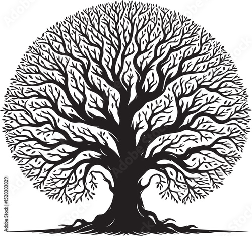 A majestic, stylized tree illustration with intricate branching, depicted in a circular form, exhibiting a strong black silhouette against a stark white background.