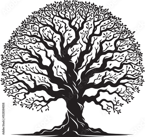 A majestic black and white illustration of a large, sprawling tree with intricate branches and numerous leaves, symbolizing growth, strength, and the passage of time.
