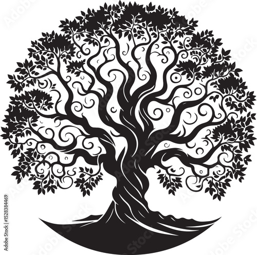 A majestic black and white illustration of a stylized tree of life, its swirling branches and leaves forming a circular pattern, symbolizing growth, strength, and interconnectedness.
