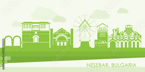Green Skyline panorama of town of Nessebar, Bulgaria - vector illustration
