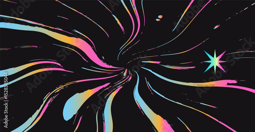 Abstract vector illustration of vibrant holographic swirls of pink, blue, yellow with a starburst on black background. Fluid, dynamic, colorful image.