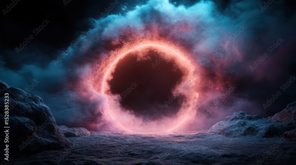Fototapeta premium A captivating circular portal surrounded by colorful clouds evokes mystery and intrigue, suggesting a journey into the unknown with its vibrant fiery hues and ethereal atmosphere.