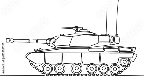 Continuous line drawing of a military tank in minimalist black and white single line art style, side profile with detailed turret and tracks

