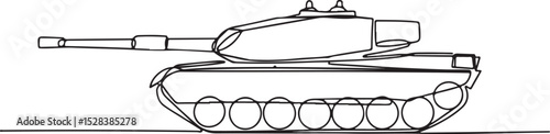 Continuous line drawing of a military tank in minimalist black and white single line art style, side profile with detailed turret and tracks


