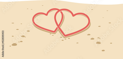 Two intertwined hearts drawn on sand beach symbolizing love and connection in romantic illustration vector