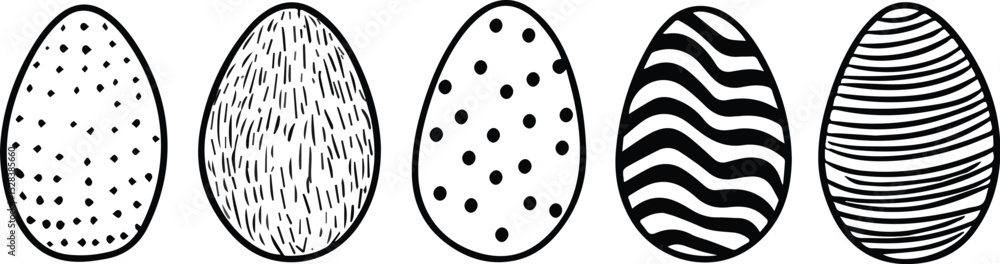 Five Decorated Easter Eggs with Various Patterns Black and White Vector Illustration for Spring Holiday Designs Festive Clipart Graphic Element for Cards Invitations Banners and Social Media Posts Five Decorated Easter Eggs with Various Patterns Black and White Vector Illustration for Spring Holiday Designs Festive Clipart Graphic Element for Cards Invitations Banners and Social Media Posts