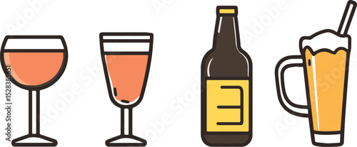 Wine and beer glasses and bottle vector icon illustration isolated on white background alcoholic beverages drink design concept bar restaurant menu party celebration cheers toast alcohol lager ale