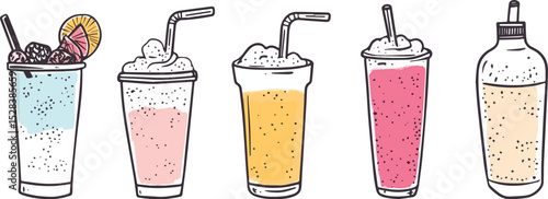 Set of colorful summer cocktails and smoothies juice drinks vector illustration isolated on white background with different flavors and toppings fresh beverage bar menu cafe restaurant fast food