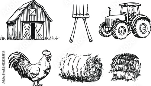 Farmhouse Tractor Rooster Hay Bale and Pitchfork Vector Illustration Set Hand Drawn Farming Agriculture Rural Life Countryside Sketch Icon Collection Isolated on White Background for Logo Design Web