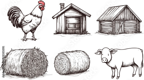 Farm Animals and Buildings Vector Illustration Set featuring a rooster chicken hen pig hay bales barn coop and shed in vintage style ideal for agriculture farming and livestock themes