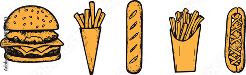 Fast Food Icons Set Vector Illustration Cheeseburger French Fries Baguette Hot Dog Hand Drawn Doodle Sketch Junk Food Restaurant Menu Cafe Diner Emblem Design Element Isolated on White Background