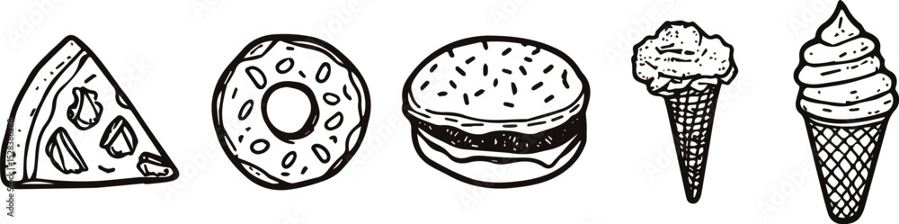 Hand-drawn vector illustration of fast food snacks including pizza slice, donut, iced donut, ice cream cone, and soft serve ice cream, perfect for menu design, food blogs, packaging, or restaurant Hand-drawn vector illustration of fast food snacks including pizza slice, donut, iced donut, ice cream cone, and soft serve ice cream, perfect for menu design, food blogs, packaging, or restaurant