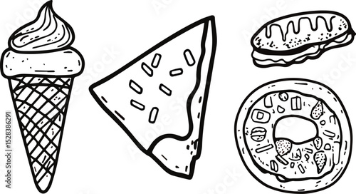 Hand drawn vector illustration of fast food snacks and desserts including ice cream cone, cake slice, eclair and pizza isolated on white background menu design elements doodle sketch style black and