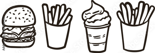 Hand drawn fast food vector set burger fries and milkshake simple doodle clip art illustration junk food menu cafe restaurant black and white isolated elements street food unhealthy eating concept