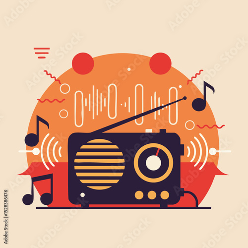 Vintage radio with music notes and sound waves vector illustration in warm orange and red tones