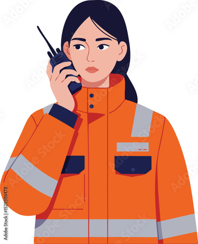 Woman wearing orange reflective safety jacket using walkie talkie communication device vector illustration 
