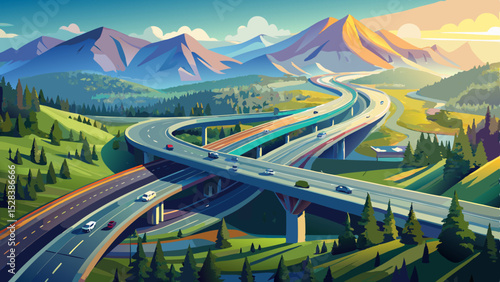 A stunning drone shot of a highway interchange surrounded by lush greenery and mountains. The morning mist creates a scenic atmosphere, highlighting the road structure and smooth traffic flow Very bea