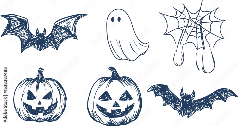 Fototapeta premium Halloween Vector Pack Spooky Icons Bats Ghosts Pumpkins and Spiderweb Illustrations for Creepy Festive Designs Dark Arts Gothic Horror Themes Occult Symbolism and Halloween Decorations Clip Art Set