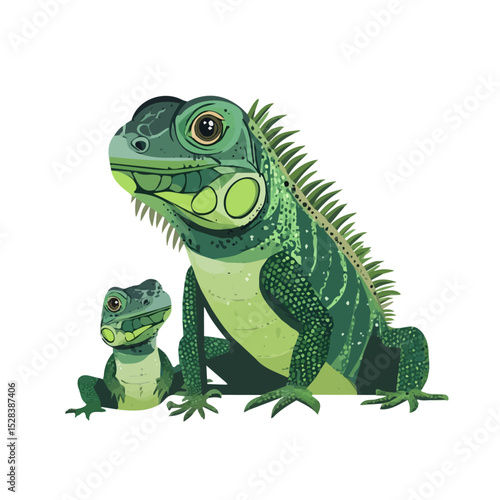2D flat vector illustration of A Mother Iguana With Her Kid, isolated on a white background.