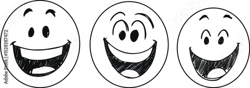 Hand Drawn Smiley Face Vector Illustration Set Happy Emoticon Sketch Drawing Collection Happiness Fun Joy Positive Emotion Graphic Design Element Doodle Cartoon Style Icons Isolated on White