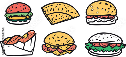 Set of six colorful vector fast food icons burgers hot dog and sandwich isolated elements for menu design restaurants cafes and fast food outlets doodle cartoon style illustrations perfect
