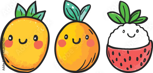 Cute Kawaii Fruits Set Vector Illustration oranges and strawberries cartoon characters happy smiling faces healthy food icons for kids menu design isolated on white background doodle drawing style