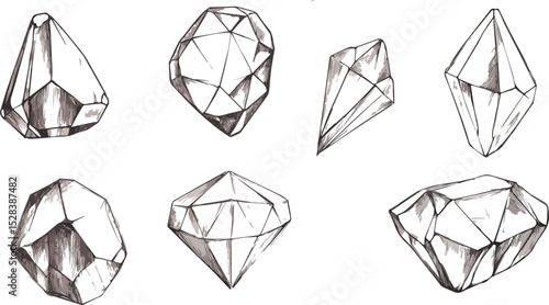 Hand Drawn Crystals and Gemstones Vector Illustration Set Mineral Stone Sketch Collection Diamond Quartz Topaz Emerald Ruby Amethyst Sapphire Geology Engraving Style for Jewelry Design Logo or Tattoo