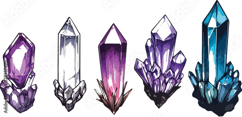 Set of colorful shiny crystals gems esoteric healing minerals vector illustration collection precious stones isolated on white background amethyst quartz diamond sapphire opal aquamarine emerald ruby