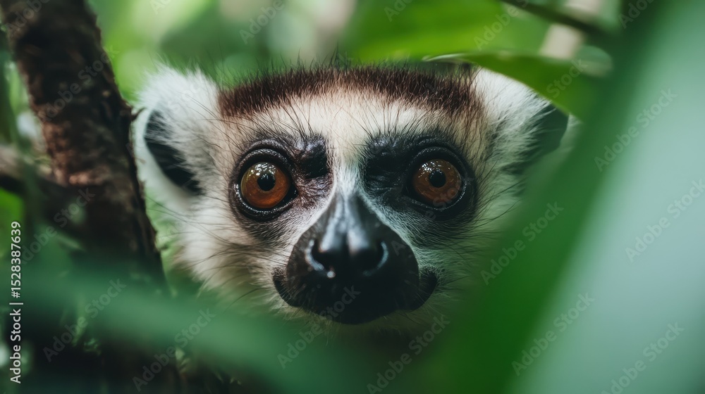 Fototapeta premium A close-up image of a lemur's curious face peeking through lush tropical leaves, showcasing the beauty and intrigue of wildlife in a natural habitat.