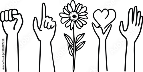 Hand drawn vector illustration of hands holding flower and heart, fist, pointing finger, open palm, line art, doodle style, concept of love, peace, protest, support, charity, donation, volunteering,
