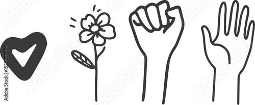 Hand drawn vector illustration of heart flower fist and open hand gestures isolated on white background love peace and fight for rights concept doodle style vector illustration