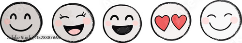 Five cute hand drawn facial expressions vector illustration emoji icons set happiness joy love satisfaction emotion mood feeling customer service experience feedback rating scale social media content