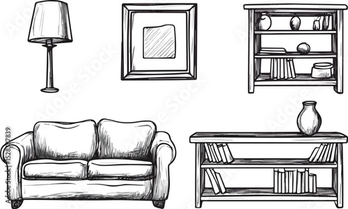 Hand-drawn vector illustration of living room furniture set including sofa couch, bookshelf, table lamp, picture frame, and side table with books and vase, cozy home interior design elements, sketch