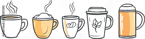 Five variations of hot drinks in doodle cartoon style vector illustration coffee cup tea mug and beer glass isolated on white background for cafe restaurant menu design or icon set element