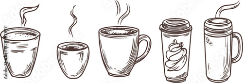 Five variations of coffee cups and mugs vector illustration set hot drinks in different cups mug with handle disposable paper cup with whipped cream refreshing beverage latte cappuccino americano