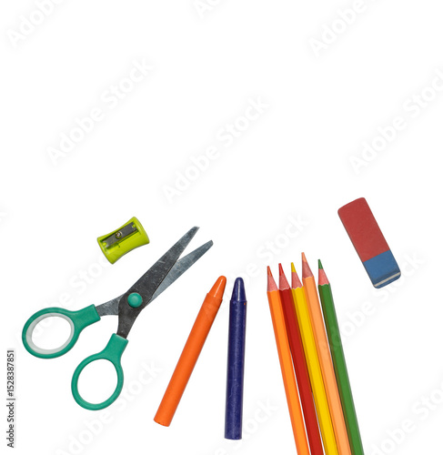 Top view of assorted stationery items including scissors crayons colored pencils and eraser isolated on transparent background. 