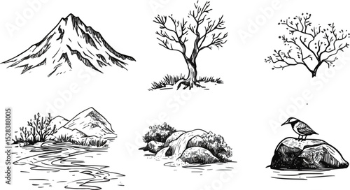Hand Drawn Nature Elements Vector Pack mountain tree river waterfall bird rock sketch illustration doodle art line art black and white graphic design element isolated set collection bundle outdoor