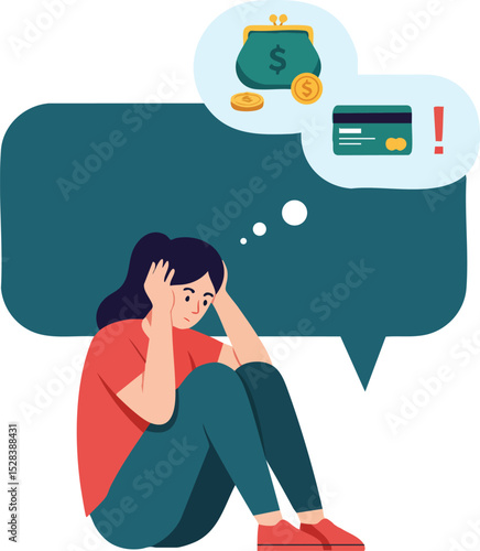 Financial stress concept with worried woman thinking about money and credit card issues vector illustration 