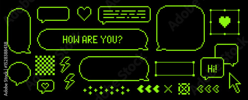 Pixel art empty retro dialog box. Set of speech bubbles on black. Chat balloon, thought cloud for text message, game interface, streaming overlay, social media. 8 bit acid green communication elements